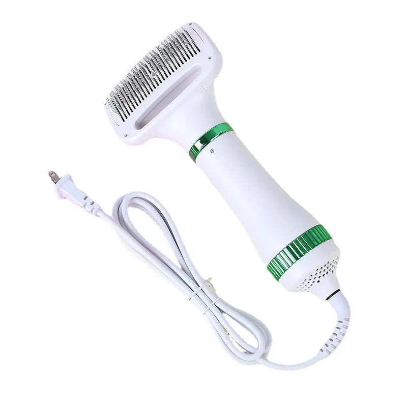 Second generation pet hair dryer with integrated hot air comb in platinum or white green.
