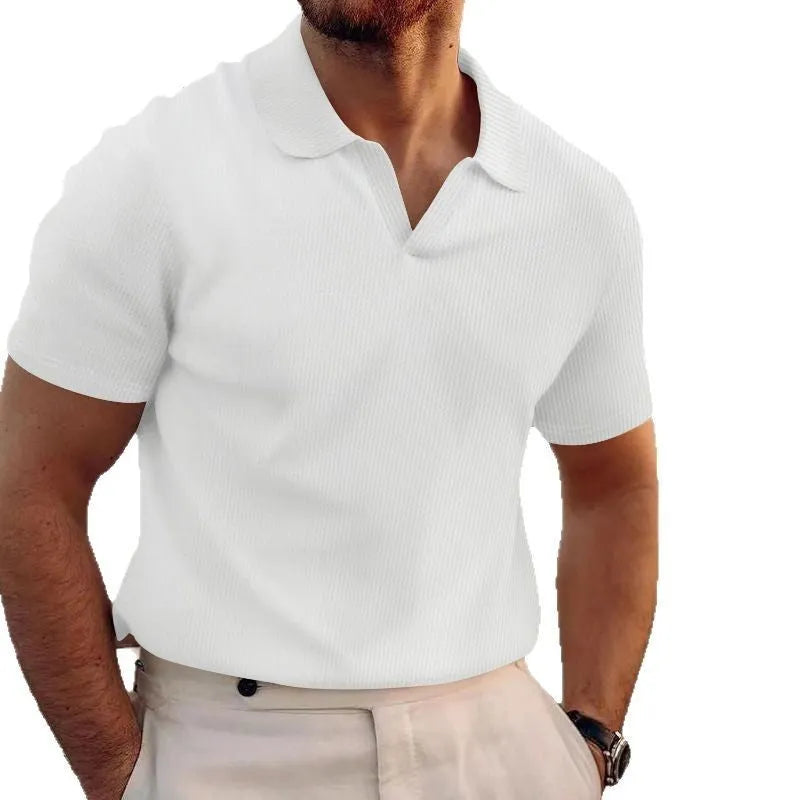 Men's black waffle knit t-shirt with lapels and short sleeves in slim fit