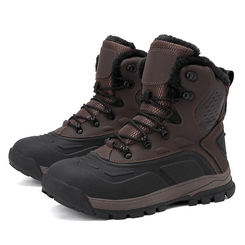 Men's black high-top fleece-lined boots with lace-up front, shown on a white background