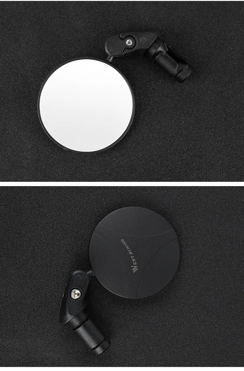 Black universal bicycle handlebar rearview mirror with convex acrylic lens and 360 degree adjustment
