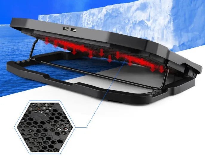 Black laptop cooling stand with copper heat sink, four heat pipes, and variable speed fan for notebook computers