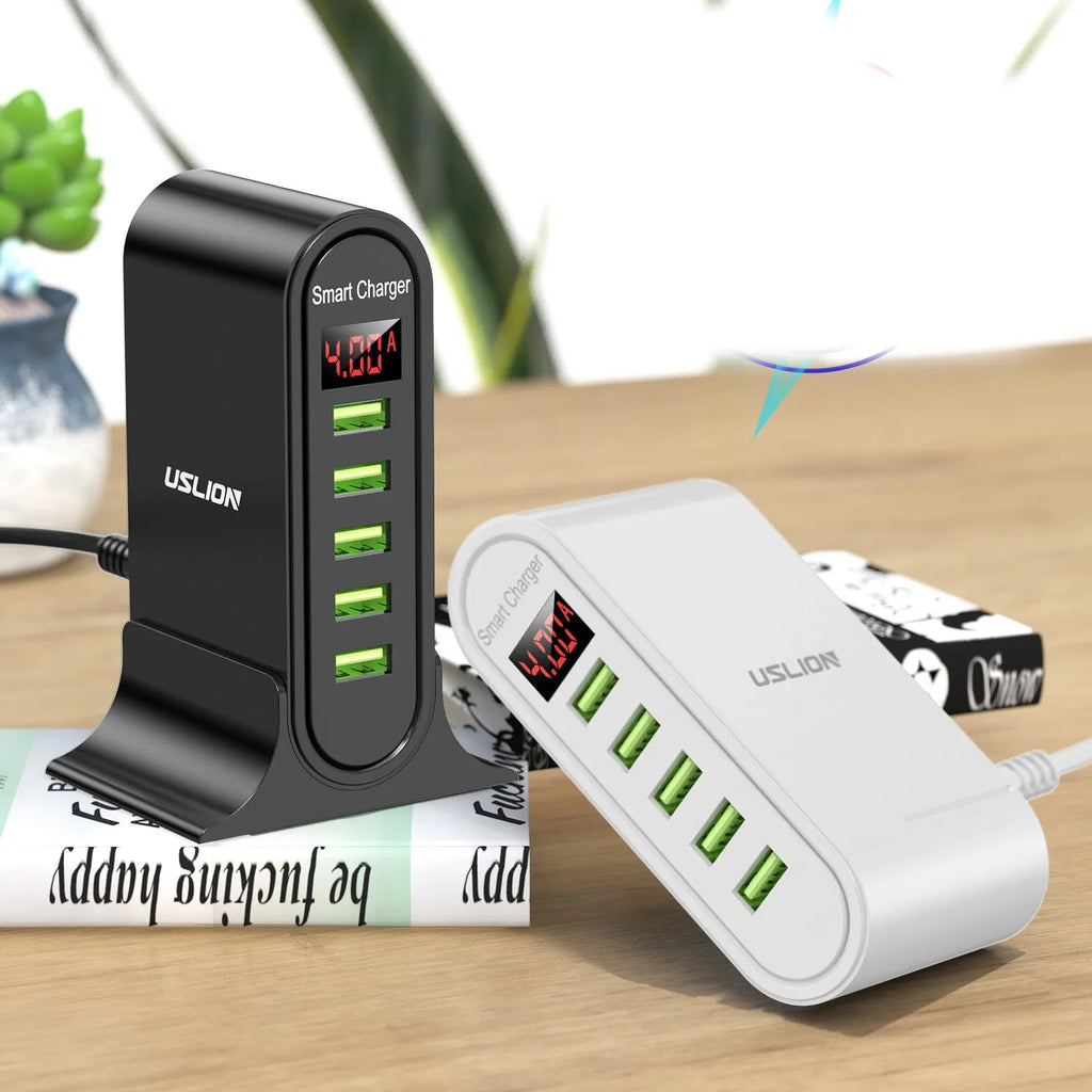 Smart LED digital display USB charger in black or white with regional plug options