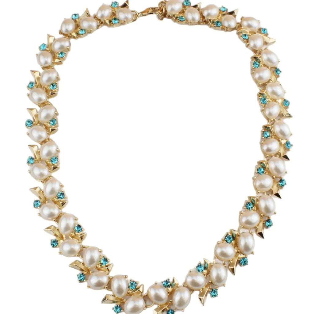 Turquoise pearl necklace and earrings suite with geometric rhinestone pendant on 41-50cm clavicle chain in peacock blue or yellow