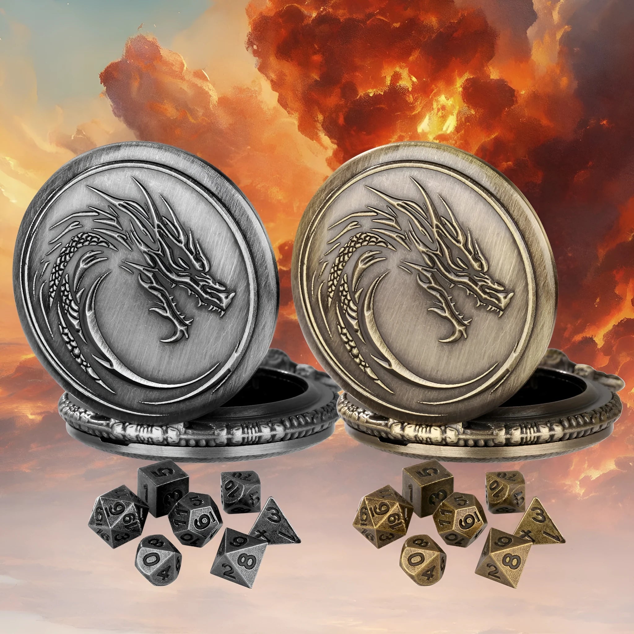 Retro alloy curved faucet pocket watch dice set with seven polyhedral dice in bronze finish and storage box