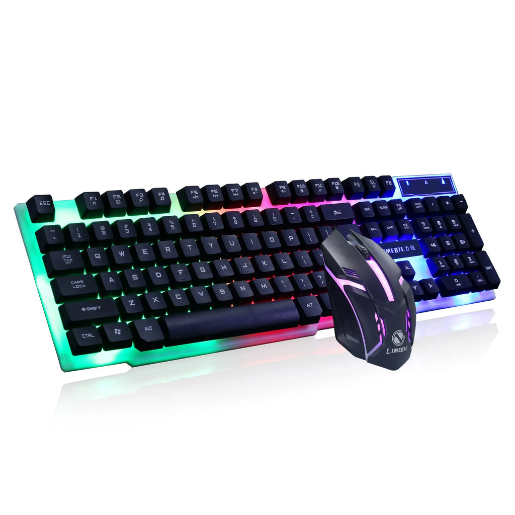 Limei Gtx300 backlit gaming keyboard and mouse set in multiple colour options on a desktop