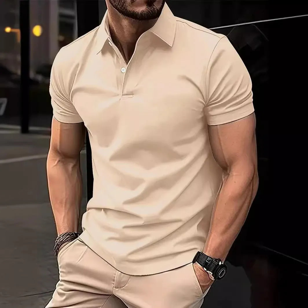 Men's slim fit solid colour short sleeve button shirt in a cotton mix fabric.