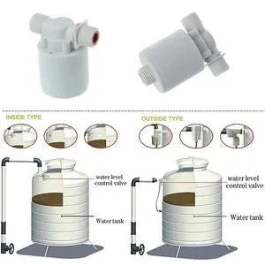 White nylon automatic float valve for purified water systems with BSP thread connections.