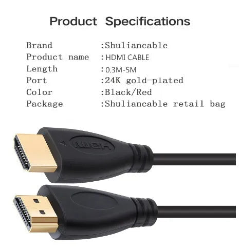 Gold-plated HDMI 1.4 cable with male connectors for 1080p HD and 3D signals