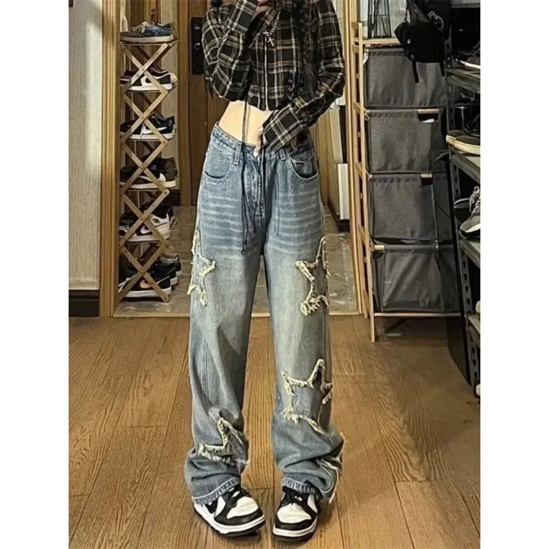 Blue cotton wide-leg denim trousers with high waist and straight-leg cut