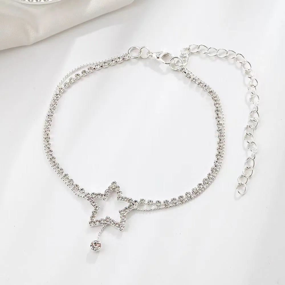 Women's rhinestone five-pointed star heart shape anklet in gold or silver gold-plated finish