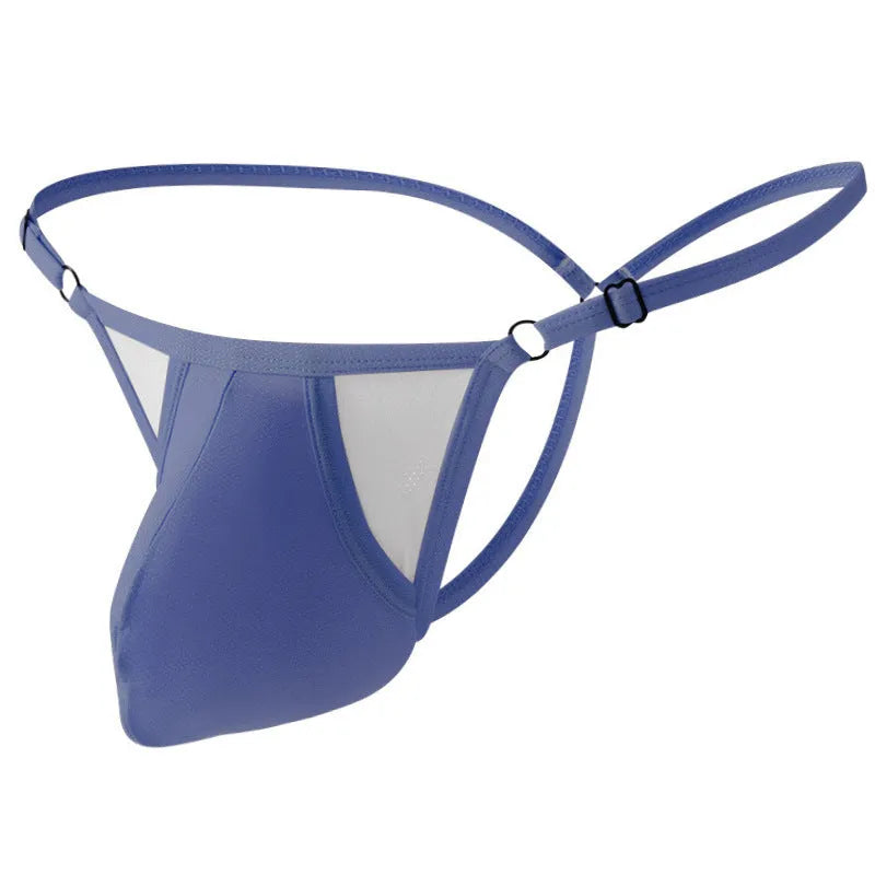 Men's ice silk T-back underwear with geometric pattern and adjustable thin straps