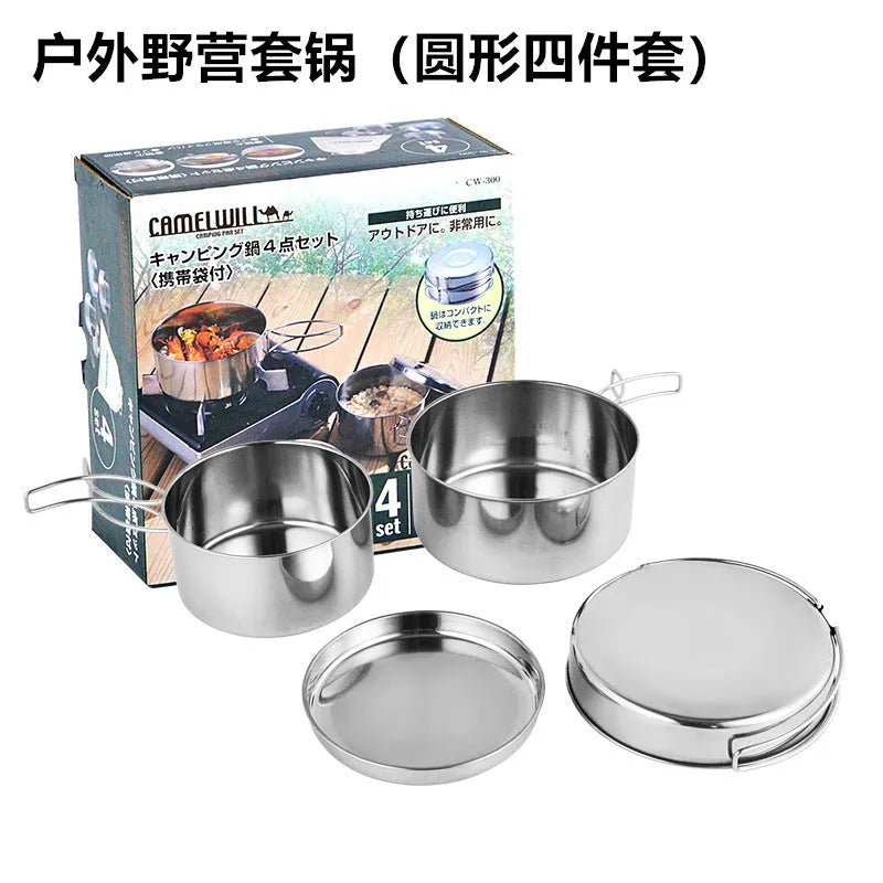 Silver stainless steel camping cookware set with split pots for 2-3 people outdoor cooking