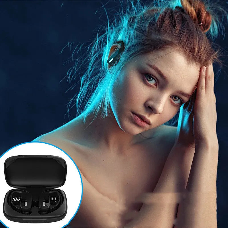 Black wireless Bluetooth headset with hanging ear design and LED display showing battery status