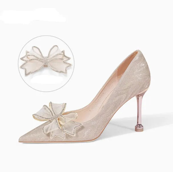 Women's champagne sequined stiletto heels with crystal decoration and pointed toe