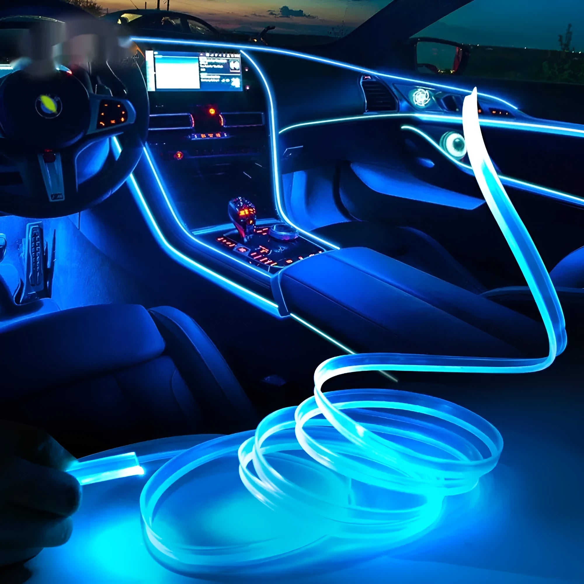 Universal car EL ambience light strip with USB connector in colourful illuminated state