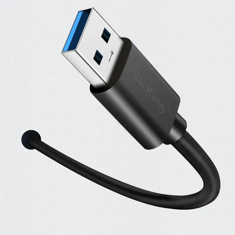 Black USB extension cable with male and female connectors, shown with length options from 1 to 5 metres.