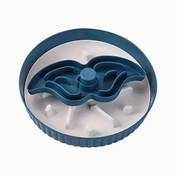 Interactive dog slow feeder bowl with blue silicone licking mat featuring a windmill pattern design.
