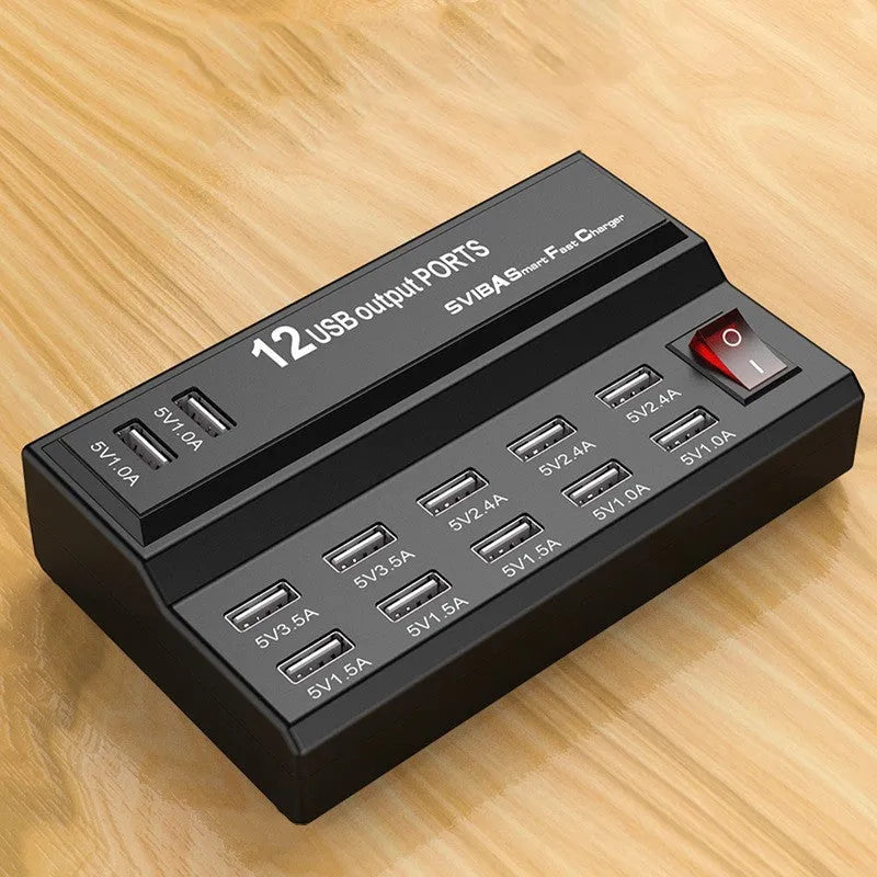 12 port USB fast charger with ABS+PC fireproof casing, model YCYD-A19, compact size 13.5x8.5x3.5cm