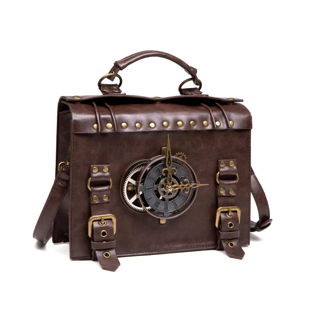 Bronze steampunk industrial retro style shoulder bag with metal hardware on a horizontal square pillow shape