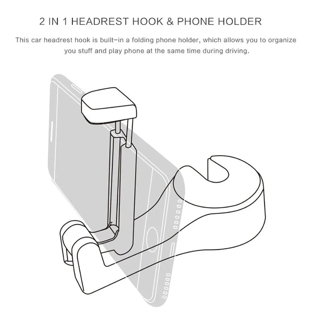 Black car headrest hook with phone holder, hanging a bag on a car seat
