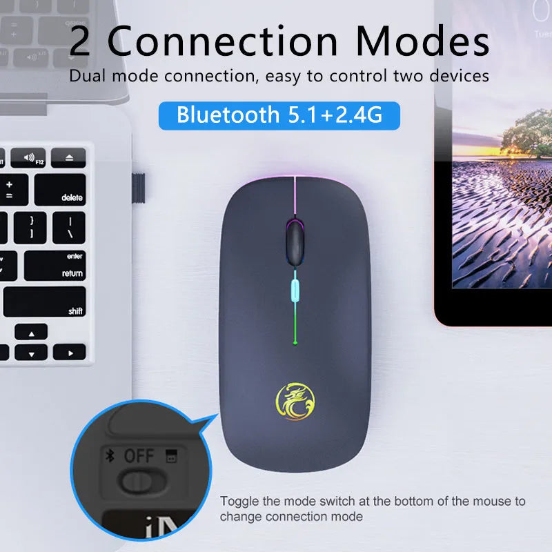 A black or white silent wireless charging mouse with dual-mode Bluetooth and 2.4G connectivity.