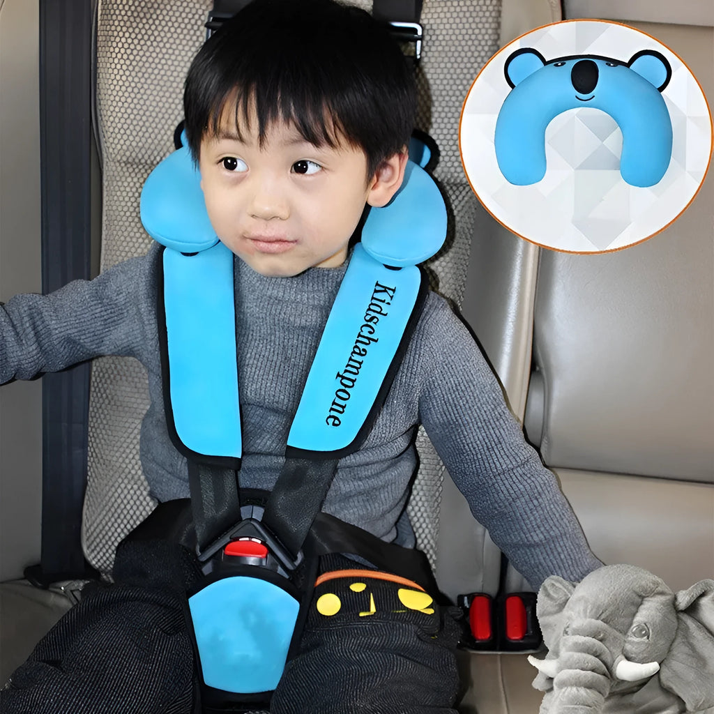 Portable child car seat belt retainer in rose pink, red, or blue for children 12-36kg.