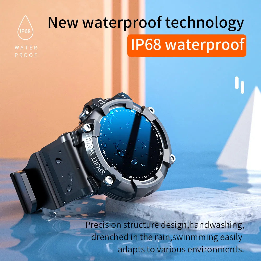 Black IP67 waterproof smart sports watch with round colour screen displaying health metrics