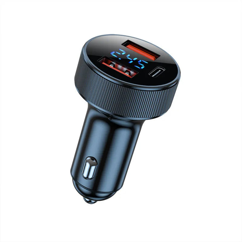 Black aluminium alloy car charger with digital display and three USB ports for vehicle charging