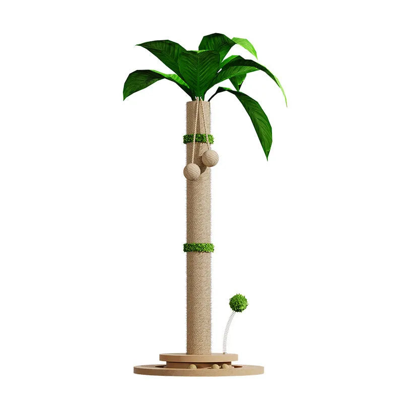 Vertical cat climbing frame with hemp rope scratching posts in a canna colour with a chamfering grab column.