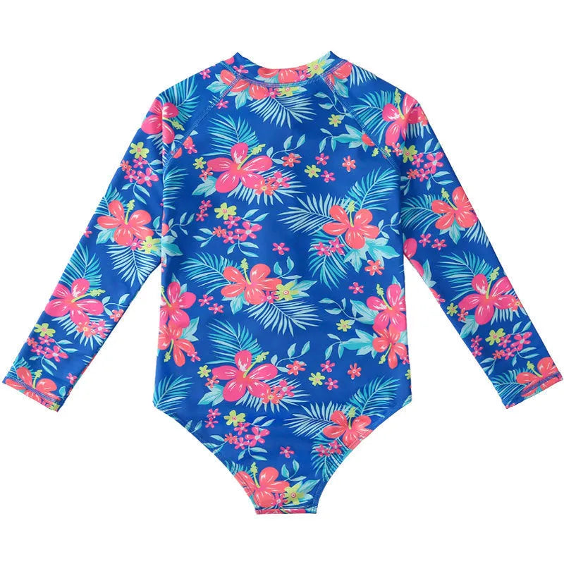 Girl's long-sleeve one-piece swimming suit in polyester fabric on a mannequin, showing briefs style.