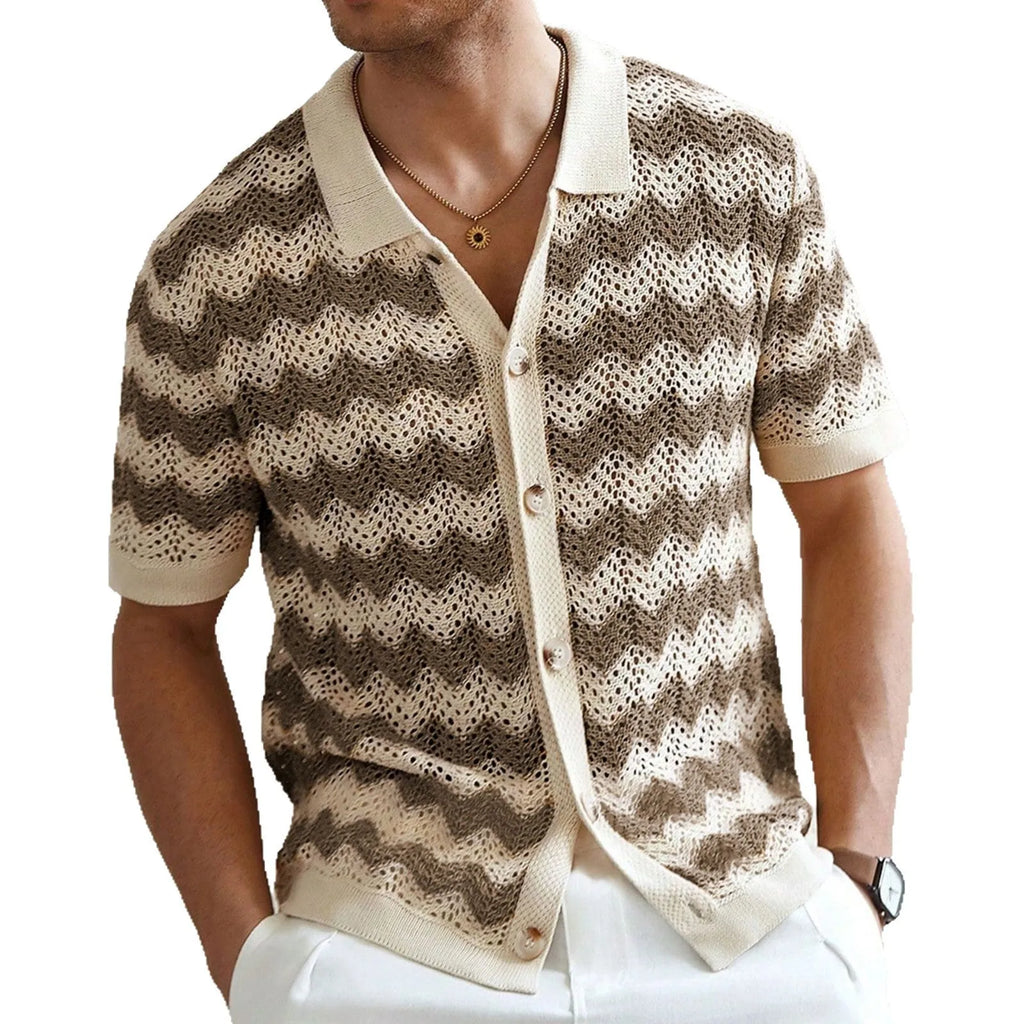 Blue American-style corrugated short-sleeved sweater with jacquard texture on a hanger.