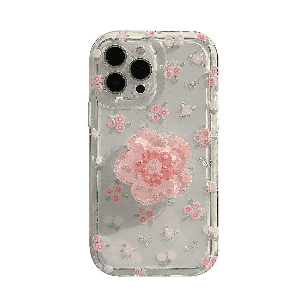 Transparent TPU phone case with crushed flower flowing sand pattern for Apple iPhone showing camera cutout and 3D keys