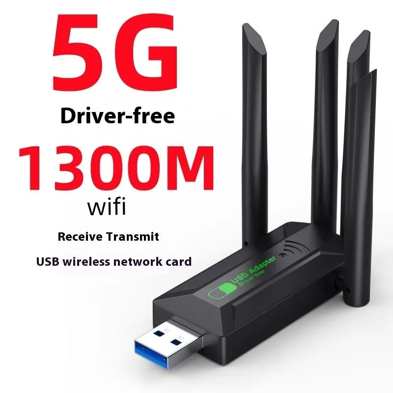 Black USB network transmitter dongle with four extended antennas for computer Wi-Fi connectivity.