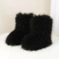 Women's faux fur mid-calf winter boots in imitation raccoon fur khaki, flat heel, round toe, plush lining