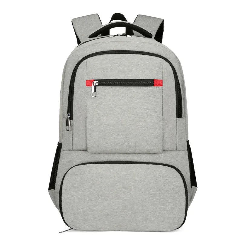 Light grey insulated Oxford cloth backpack with curved shoulder straps and wet-dry separation compartments.