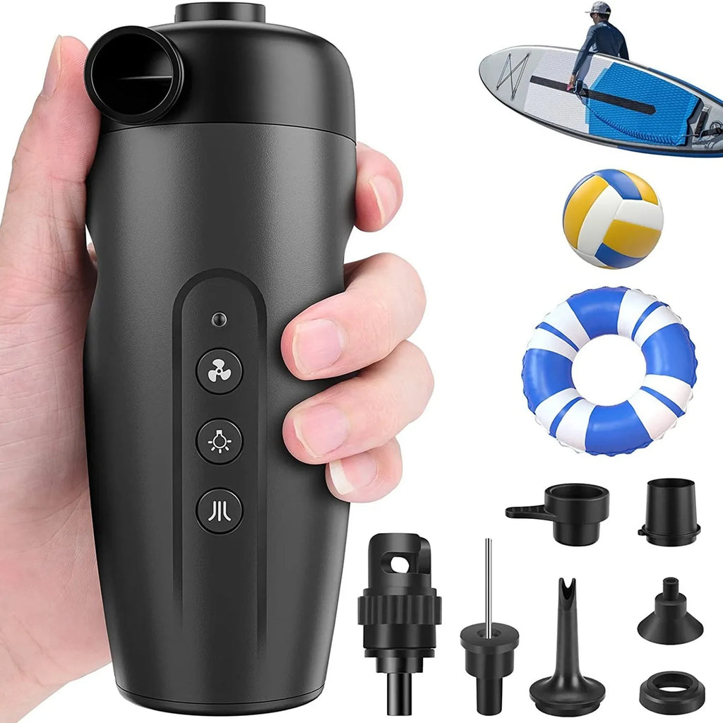 Black portable wireless air pump with LED light display and dust collection feature