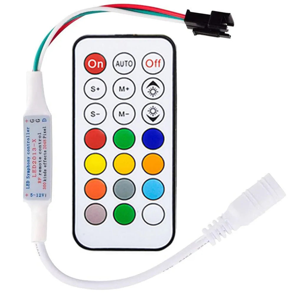 Magic Color LED light controller with 5-24V rating, plastic body, and choice of USB or DC plug and 14, 17 or 21 key remote