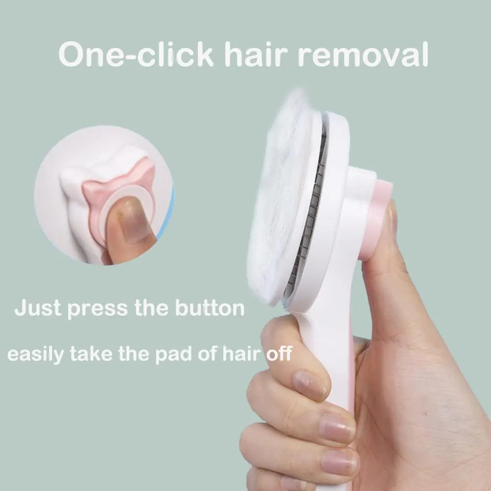 Blue self-cleaning cat brush with rubber-tipped metal pins and ergonomic handle for pet grooming