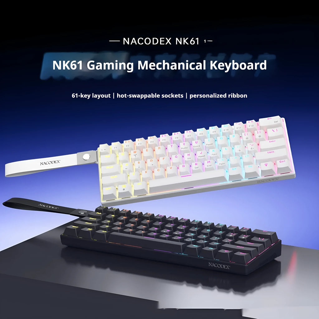 Ajazz NK61 wired mechanical keyboard in black or white with red switches, 61 keys, and Type-C cable