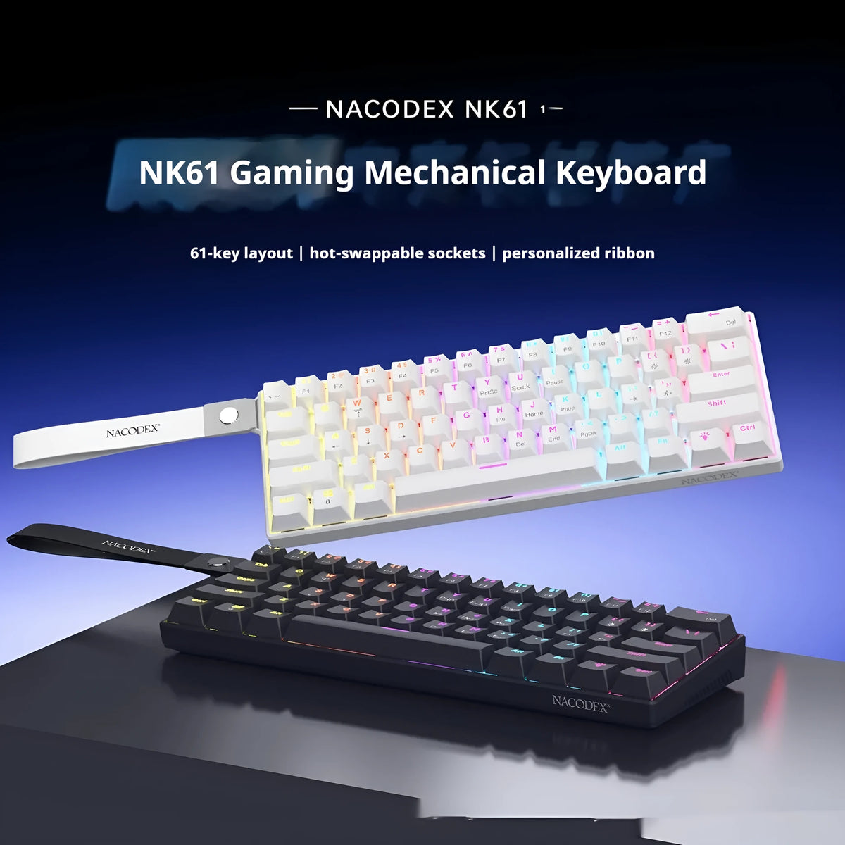 Ajazz NK61 wired mechanical keyboard in black or white with red switches, 61 keys, and Type-C cable