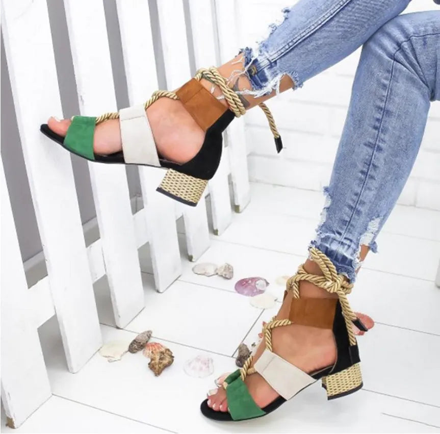 Women's thick heel suede sandals in colour matching pattern with fish mouth toe and ankle strap