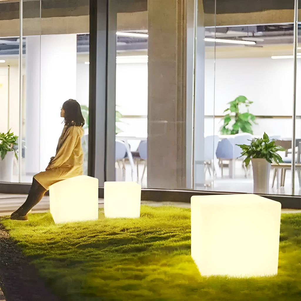 Square LED cube light with modern design in multiple sizes with solar panel or rechargeable options