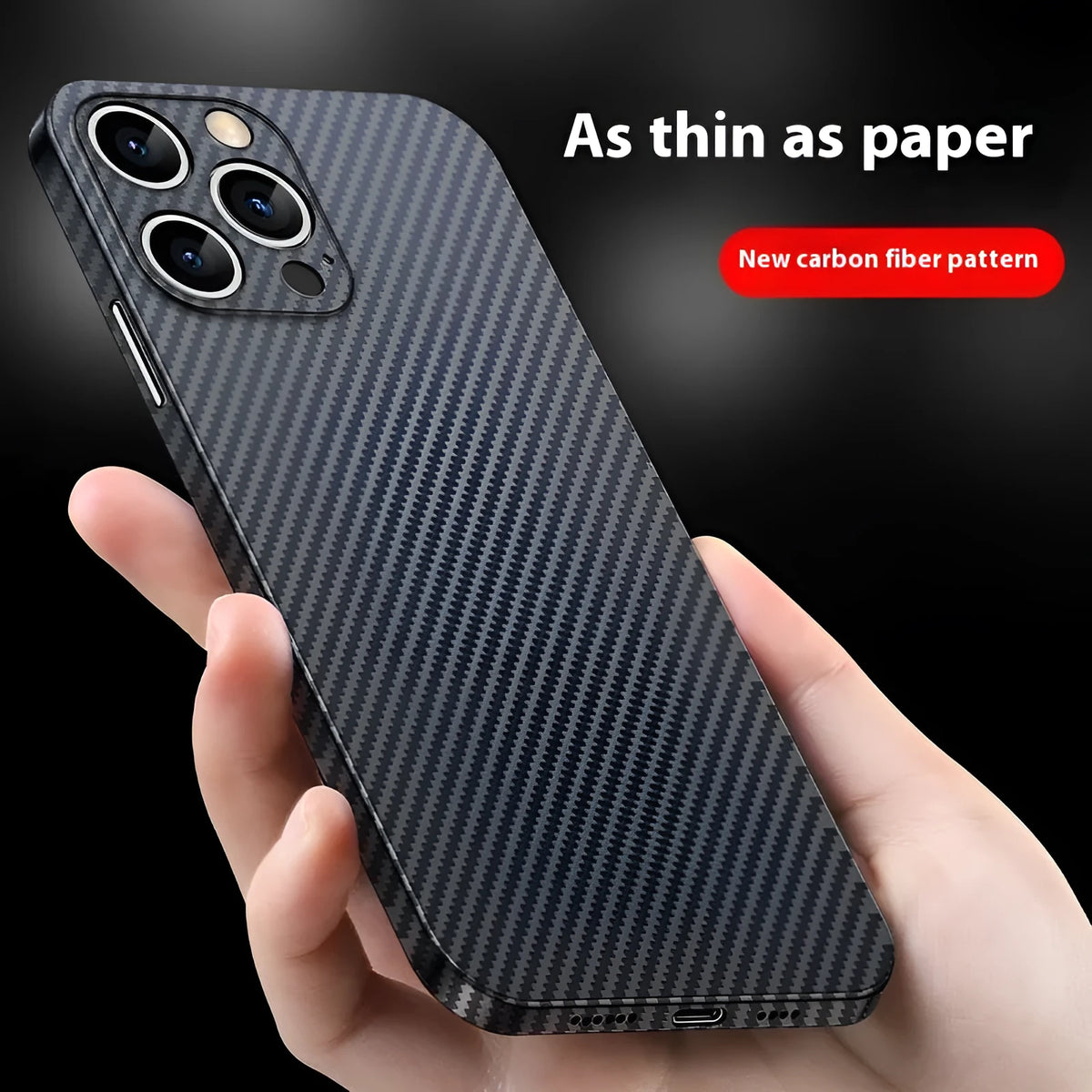Black ultra-thin hard shell phone case with carbon fibre grain finish and anti-fingerprint PP rear cover.