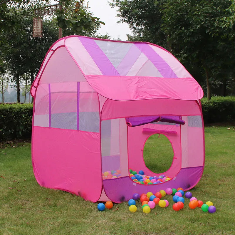 Outdoor children's play tent with roll-up curtains in garden setting