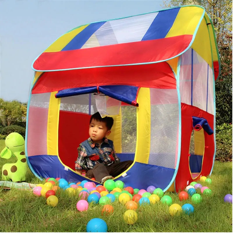 Outdoor children's play tent with roll-up curtains in garden setting