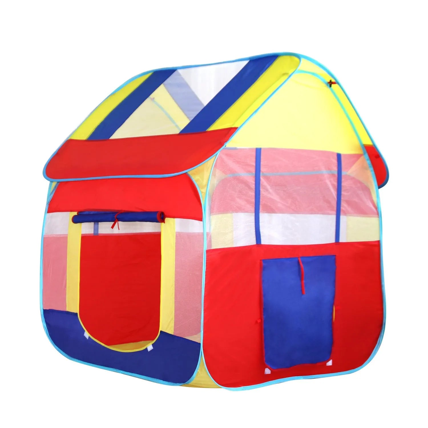 Outdoor children's play tent with roll-up curtains in garden setting