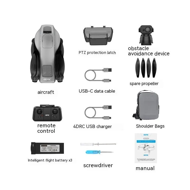 White folding quadcopter drone with camera and obstacle avoidance sensors on a grey background.