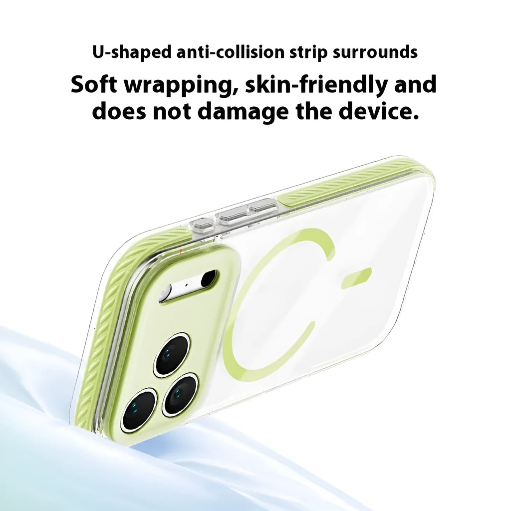 Transparent magnetic protective case for iPhone in candy pink colour, showing clear back and coloured sides.