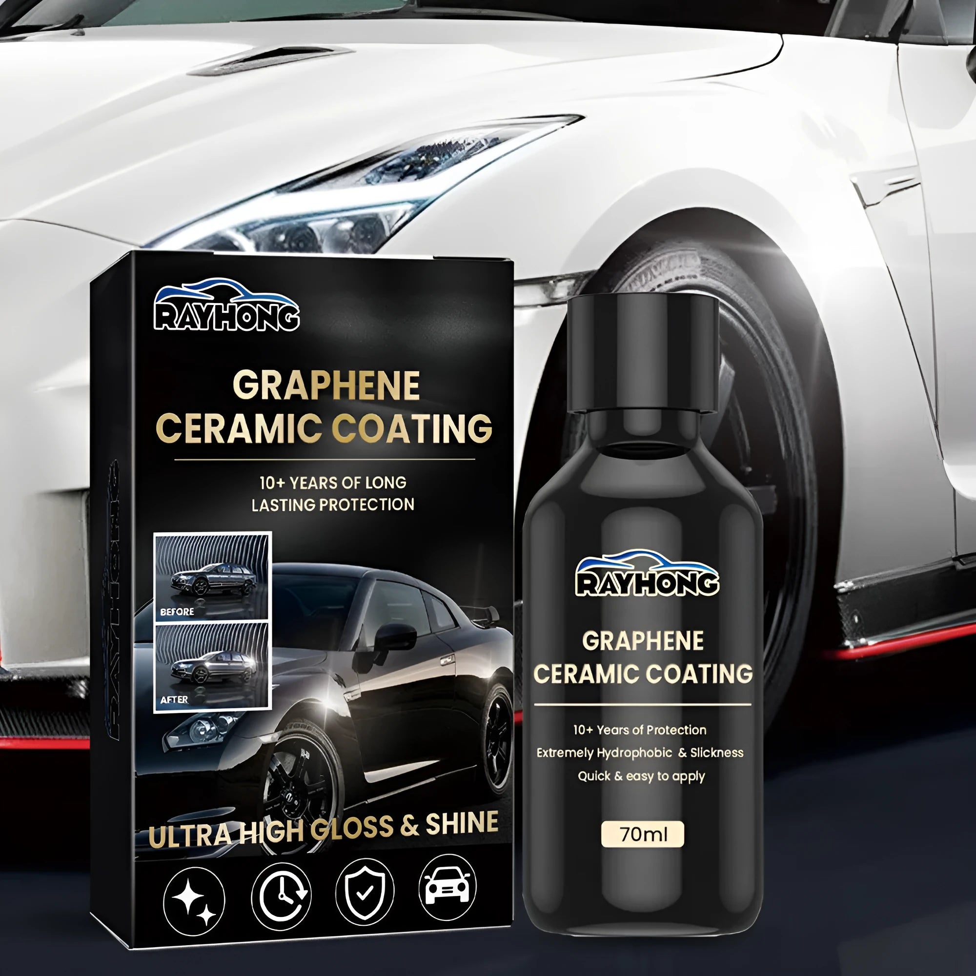 70ml bottle of graphene ceramic coating liquid with sponge, towel, gloves, and cloths for car paint protection.