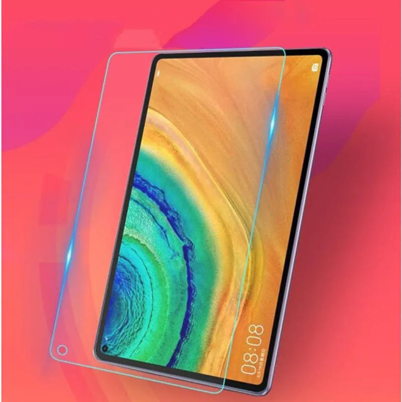 Tempered glass screen protector for Huawei MatePad 10.4, 10.8 and 12.6 inch tablets shown against a tablet.